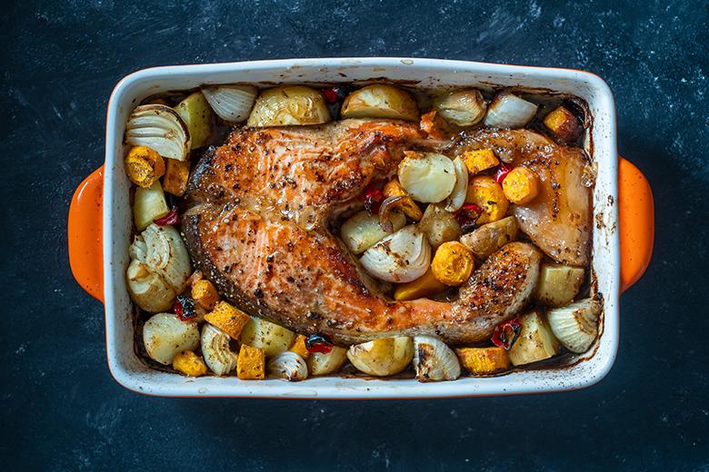 One Tray Oven Lachssteak auf Gemüse