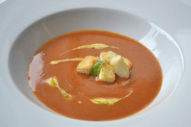 Frische Tomatensuppe mit Basilikumpesto und Knoblauchcroutons