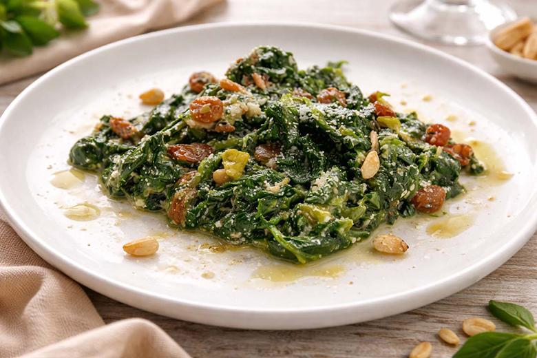 Blattspinat mit Rosinen und Pinienkernen