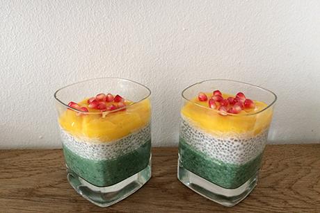 Dreifarbiger Chiapudding mit Spirulina